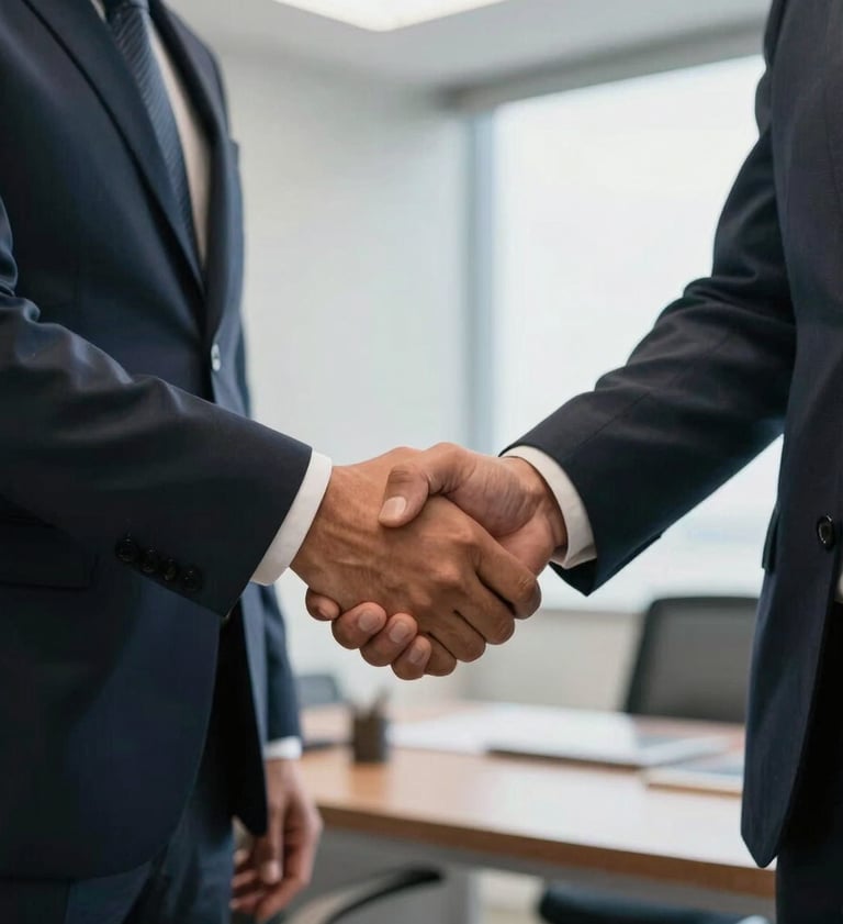 A professional handshake between two people in business attire in a South American / Brazilian office setting. The lighting is soft and natural, emphasizing trust and collaboration.
