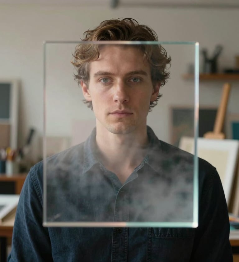 A conceptual portrait of a creative professional in a Northern European / Welsh / British art studio. The subject is partially obscured by a prism, refracting light into slate mist and soft alabaster tones. The mood is sophisticated and mysterious.