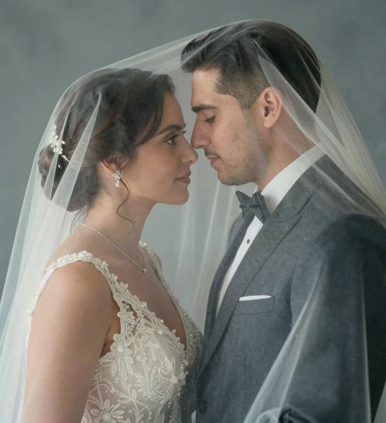 Medium shot of a bride and groom sharing a quiet, intimate moment behind a sheer cream white veil. Soft focus, romantic lighting, slate grey-blue color tones, sophisticated and emotional, Hispanic / Spanish-speaking couple.