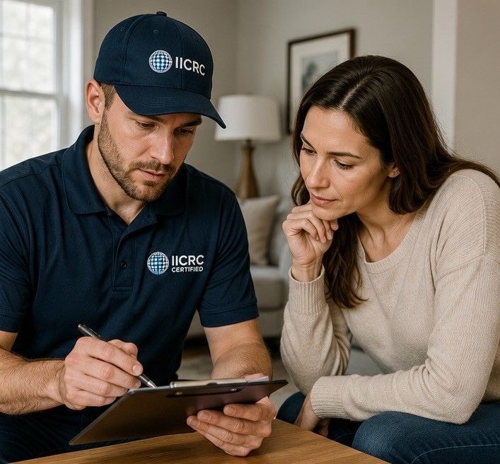 IICRC certified mold removal technician reviewing inspection results with Colorado Springs homeowner before remediation begin