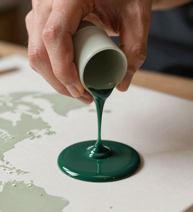 A close-up studio shot of an artist's hands in an International / Global studio, delicately pouring liquid resin colored in Muted Sage and Deep Forest Green onto a canvas, showcasing high gloss and artistic passion.