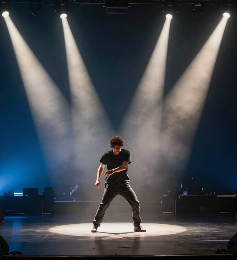 A dynamic action shot of a performer on a dark stage, captured with a slow shutter speed to create a light-trail effect. Dramatic off-white spotlights pierce through a dark blue atmospheric haze. North American / US concert venue.