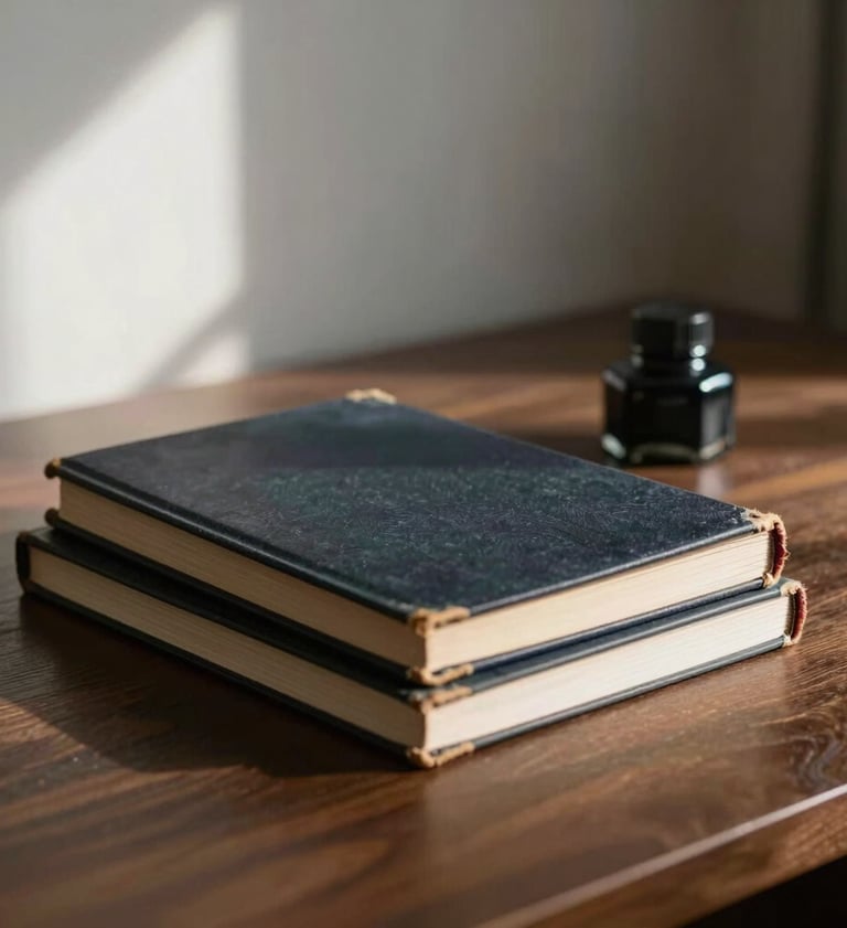 Quiet interior photography of a writing desk with a stack of old journals and an ink well, located in a sunlit room with minimal decor, sophisticated and personal atmosphere, Western / International setting.