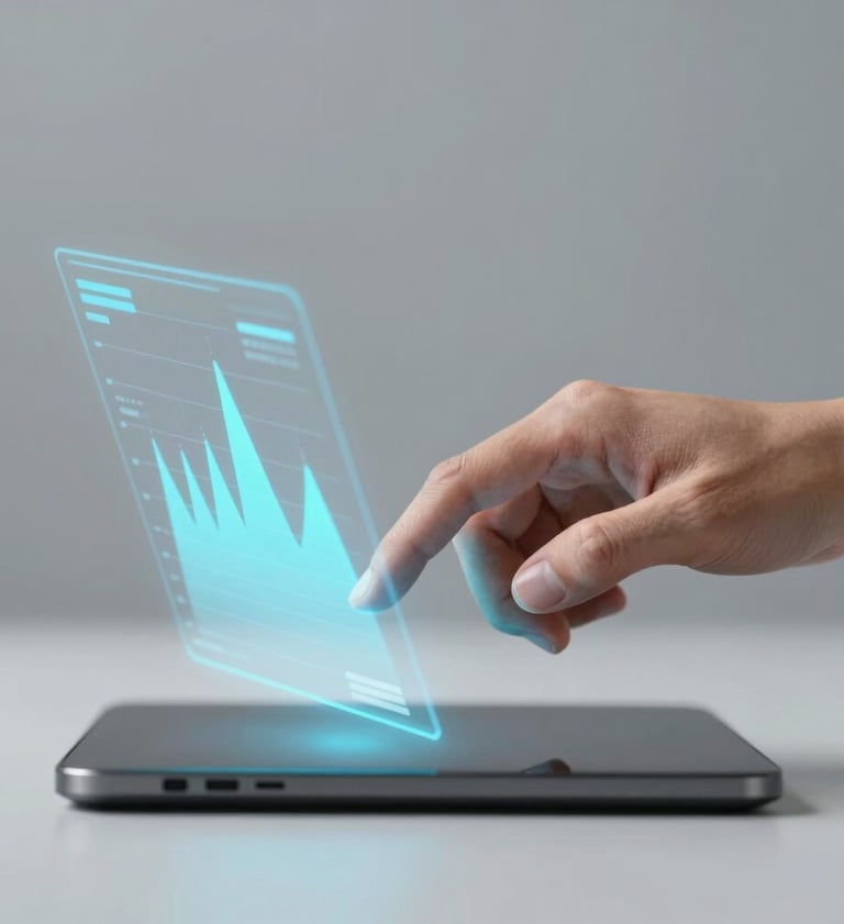 Side view of a hand interacting with a holographic interface projected from a device. The hologram shows predictive data charts in #E6EFF5 and #7A8C9E. Sophisticated, tech-focused composition with a minimalist background.