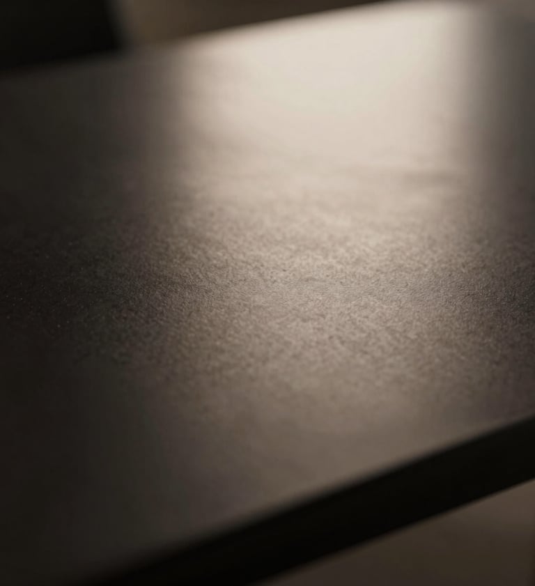 A sophisticated, minimalist close-up of light reflecting off a dark, polished surface, featuring deep blacks and soft beige highlights, artistic and refined composition.