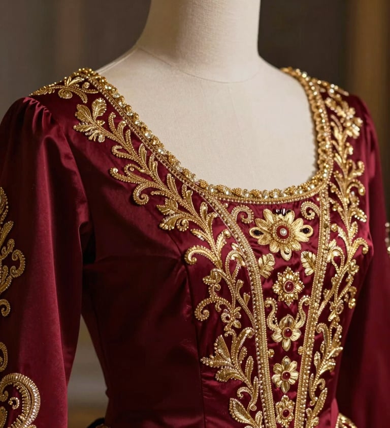A detailed close-up of a lavish opera costume, showing the intricate embroidery in Borgogna red and gold threads. The style is sophisticated and rich, reflecting the high-end production values of international opera.