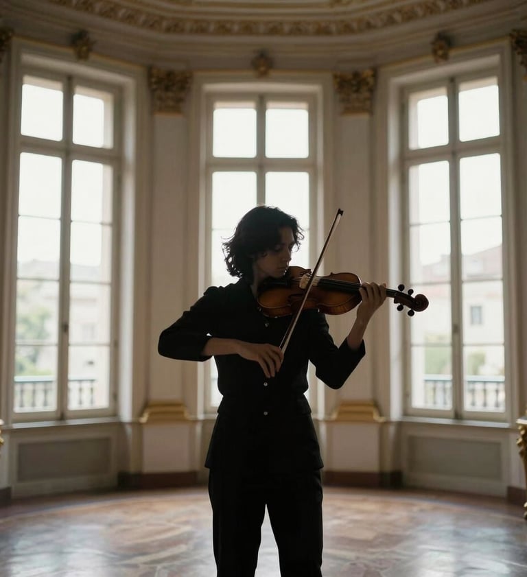 A sophisticated silhouette of a violinist performing in an elegant Southern European / Spanish palace room, soft off-white backlighting from tall windows, professional mood.