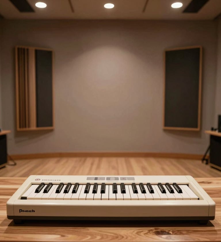 A wide, minimalist shot of a modern music studio. A cream-colored keyboard sits on a wooden desk. The room feels spacious and professional, with soft shadows and a warm inviting atmosphere.