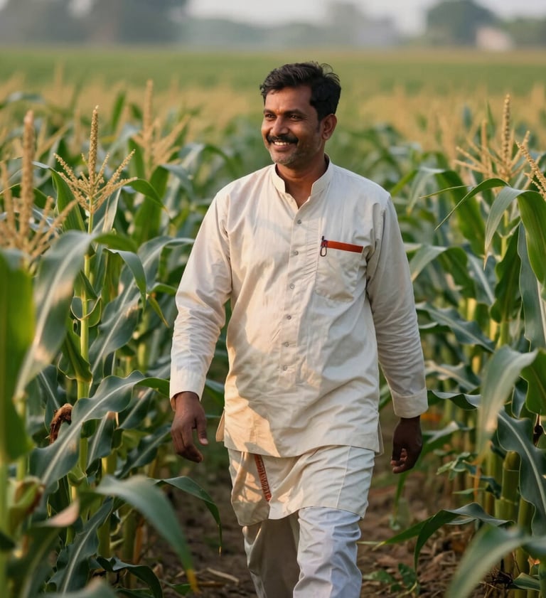 A smiling South Asian farmer walking through a lush green hybrid maize field, wearing traditional professional agrarian attire, golden morning light filtering through corn leaves, shallow depth of field, high-yield agriculture photography.