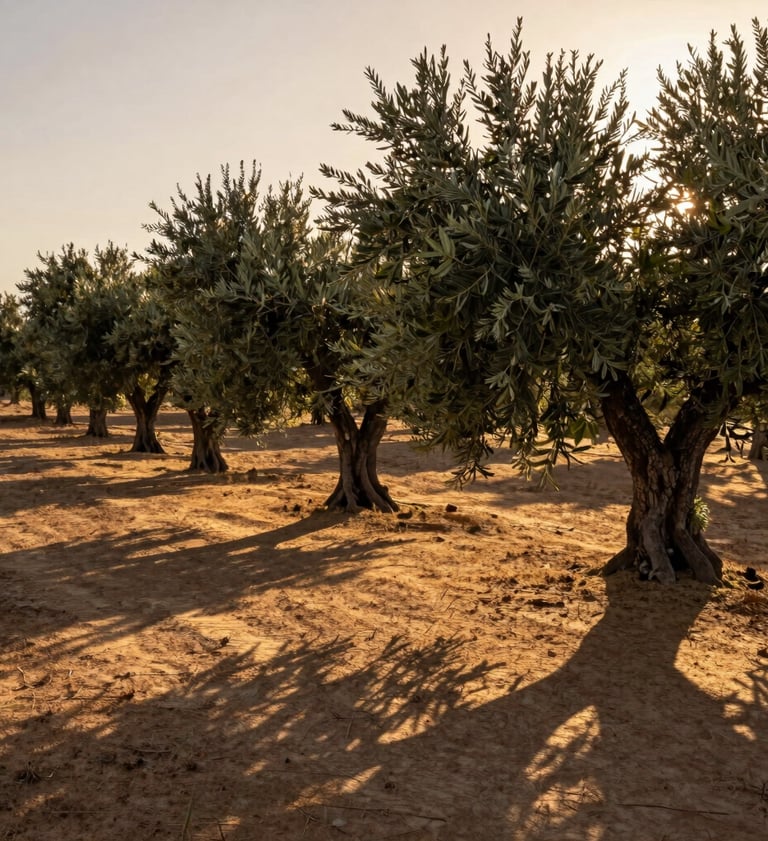 A wide landscape shot of an old Spanish olive grove at sunset. Beams of light filter through the silver-green leaves. The atmosphere is peaceful and timeless. Warm sand and deep brown shadows dominate the color palette.
