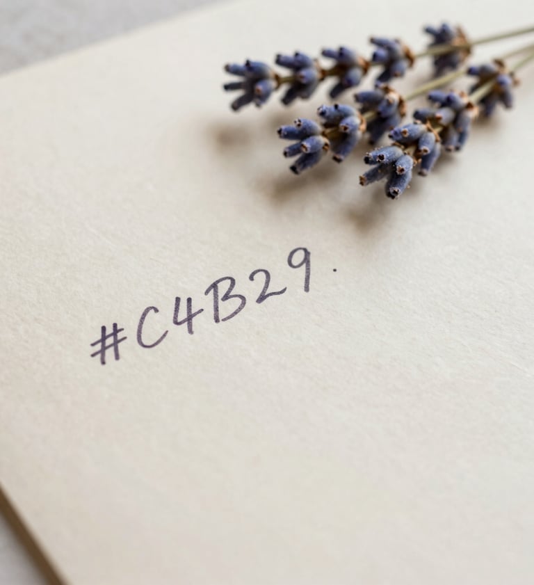 Close-up of a handwritten letter on aged #C4B29A paper resting next to a sprig of dried lavender. Soft, romantic lighting and a premium aesthetic.