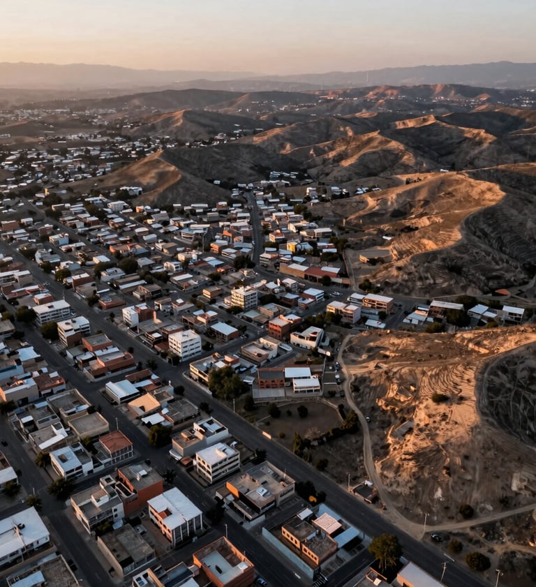 Aerial drone photography of a peri-urban landscape in Mexico where arid hills intersect with modern housing developments, soft sunset lighting, charcoal and warm sand palette.