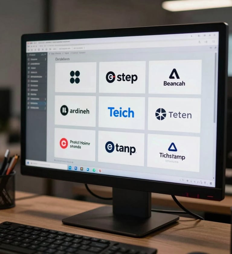 Detailed shot of branding guidelines and logo variations for a tech startup, displayed on a high-resolution monitor in a professional design studio.