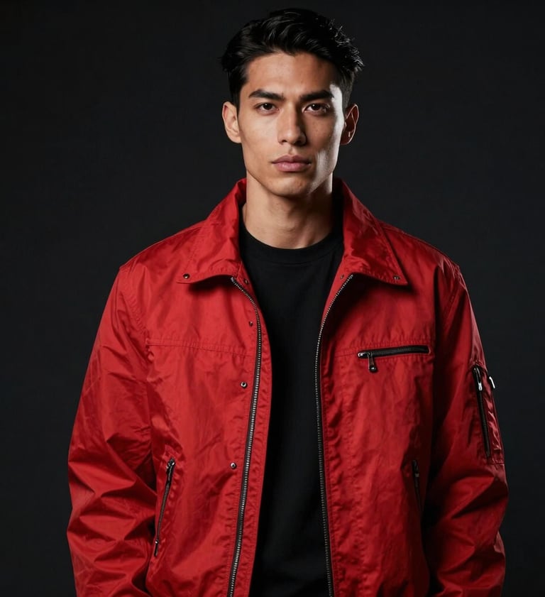 A professional portrait of a model in high-fashion streetwear featuring a bold red jacket, set against a dark black background in a North American studio, cinematic lighting emphasizing sharp edges.