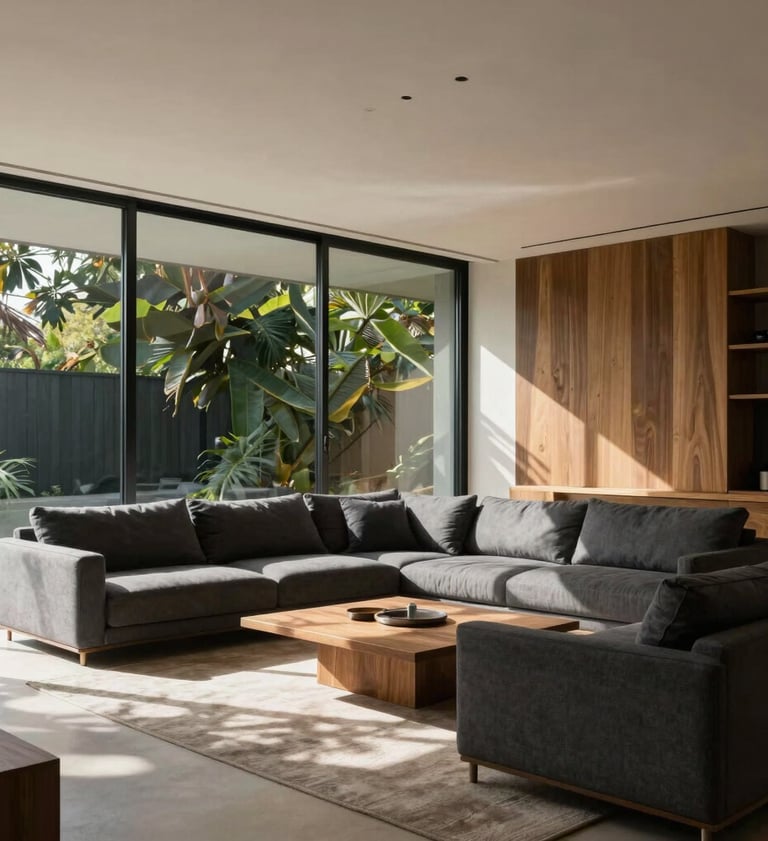 Interior of a modern Brazilian living room, floor-to-ceiling glass walls, soft shadows, minimalist furniture in muted dark gray, natural wood textures, soft off-white ceiling, high-end architectural photography style.