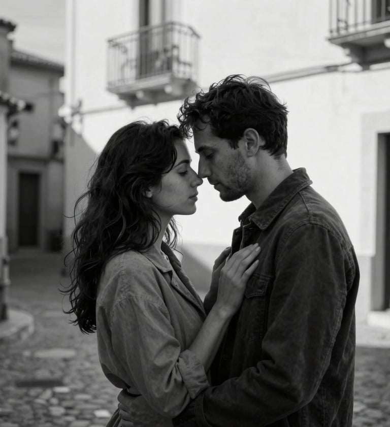 Intimate black and white portrait of a couple in a Southern European town, dramatic shadows, premium quality, emotional connection, cinematic lighting.