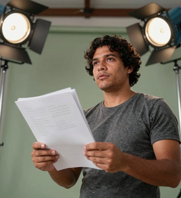 Low angle shot of a South American / Brazilian director on a film set in Minas Gerais, holding a script, framed by professional lighting equipment, with a muted sage green backdrop.