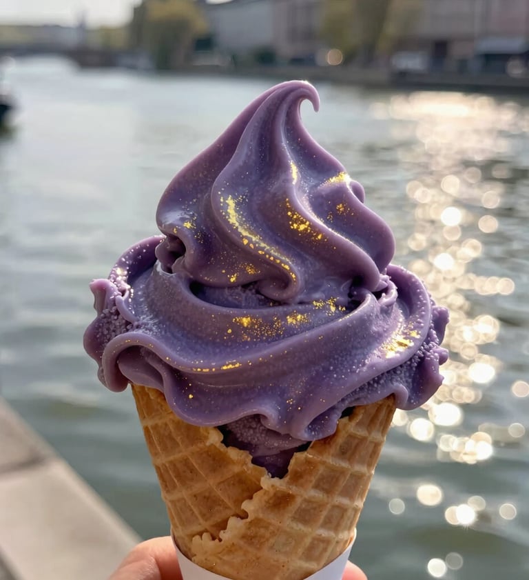 Eine Nahaufnahme einer leuchtenden Eiskugel in einer Waffel, die von goldenem Licht umhüllt ist. donau