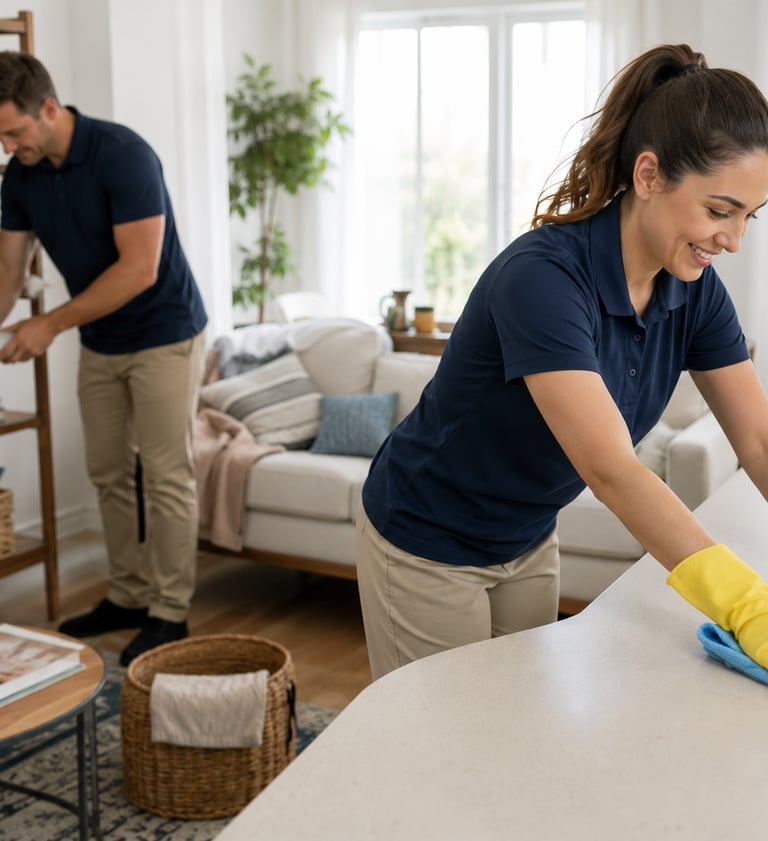 Professional house cleaners in uniform wiping a counter and dusting shelves in a bright living room.
