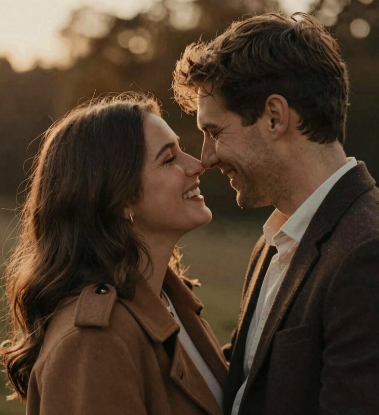 A candid vertical shot of the couple sharing a private joke, leaning into each other. The composition is intimate, focusing on their faces lit by a low evening sun. Cinematic grain and rich, warm tones of Burnt Sienna (#8C4E40) in the background foliage.