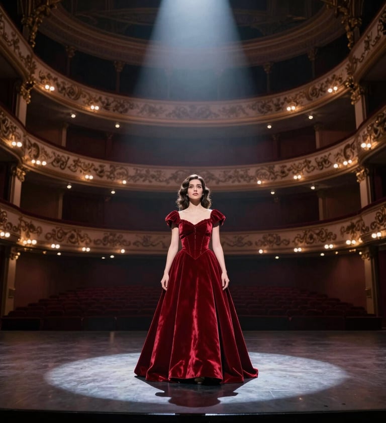 A wide-angle shot of a grand opera stage during a production of Tosca, with Maylin Cruz in a majestic red velvet gown, dramatic lighting casting long shadows, featuring colors #2B2D42 and #8D6A6A.