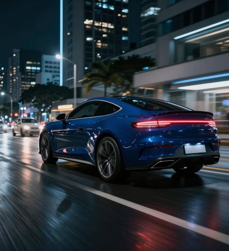A dynamic video thumbnail of a high-speed car commercial, neon lights reflecting on a wet street in a modern Brazilian city at night, cinematic motion blur, slate navy blue tones.