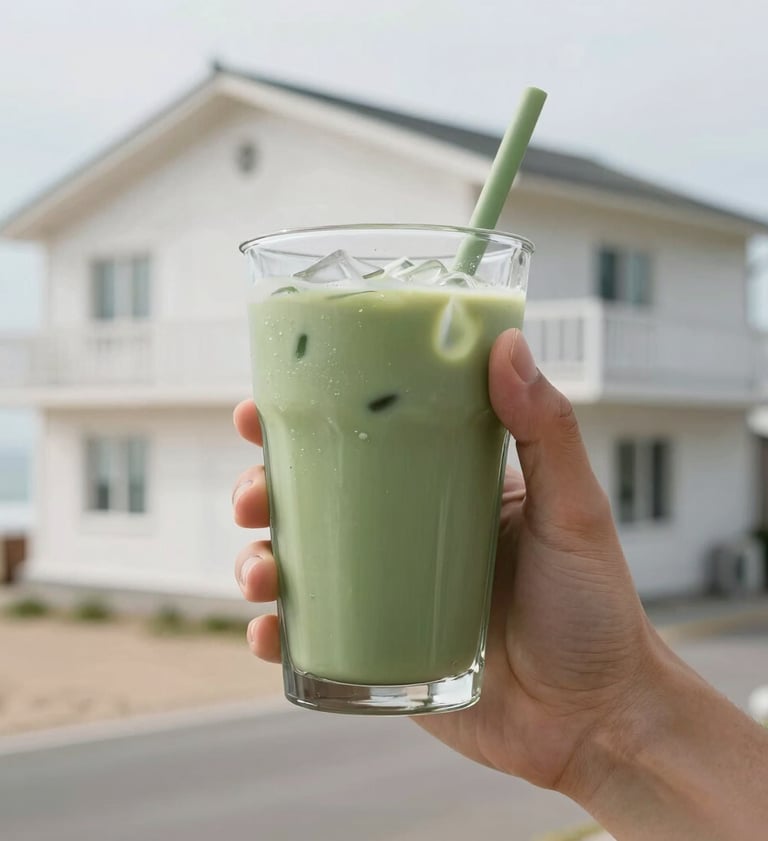Close-up of a hand holding a sage green iced tea against a background of a mist white coastal building. Bright, airy, and relatable user-generated content style.