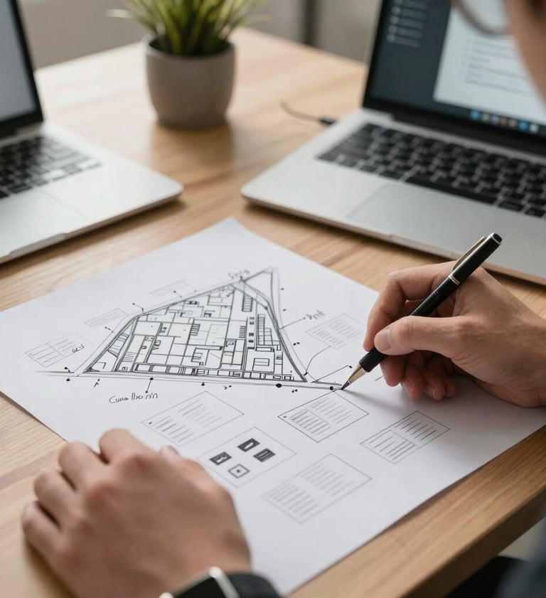 A close-up shot of a professional digital designer based in the US sketching course maps and training wireframes. Creative office desk layout with modern equipment, warm natural lighting, corporate style.