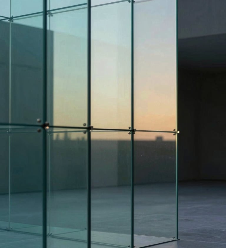 A minimalist photograph of a high-tech glass installation. The glass panels are layered, catching the light in a way that creates a soft teal and gold gradient. Reflections of a dark, empty studio space are visible.