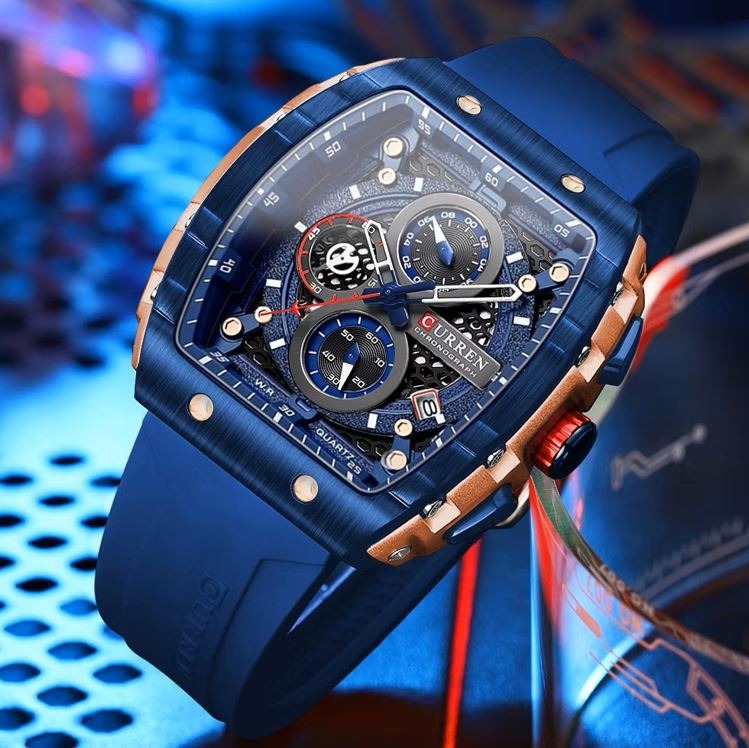 Relógio quadrado pulseira azul silicone cronógrafo 