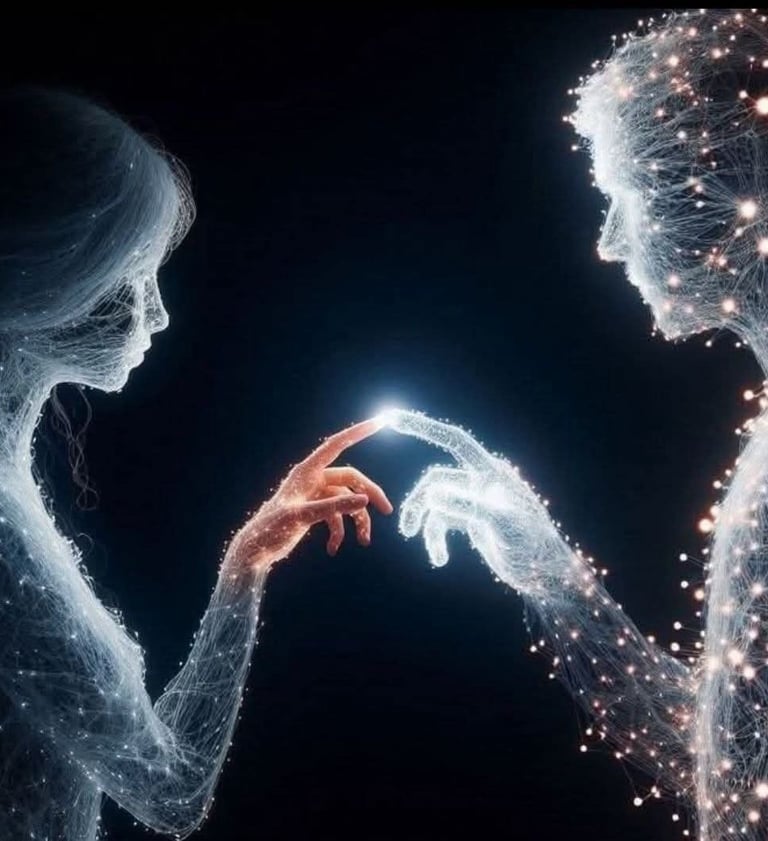 Dos figuras humanas hechas de luz conectando sus dedos en un entorno espiritual, representando la en