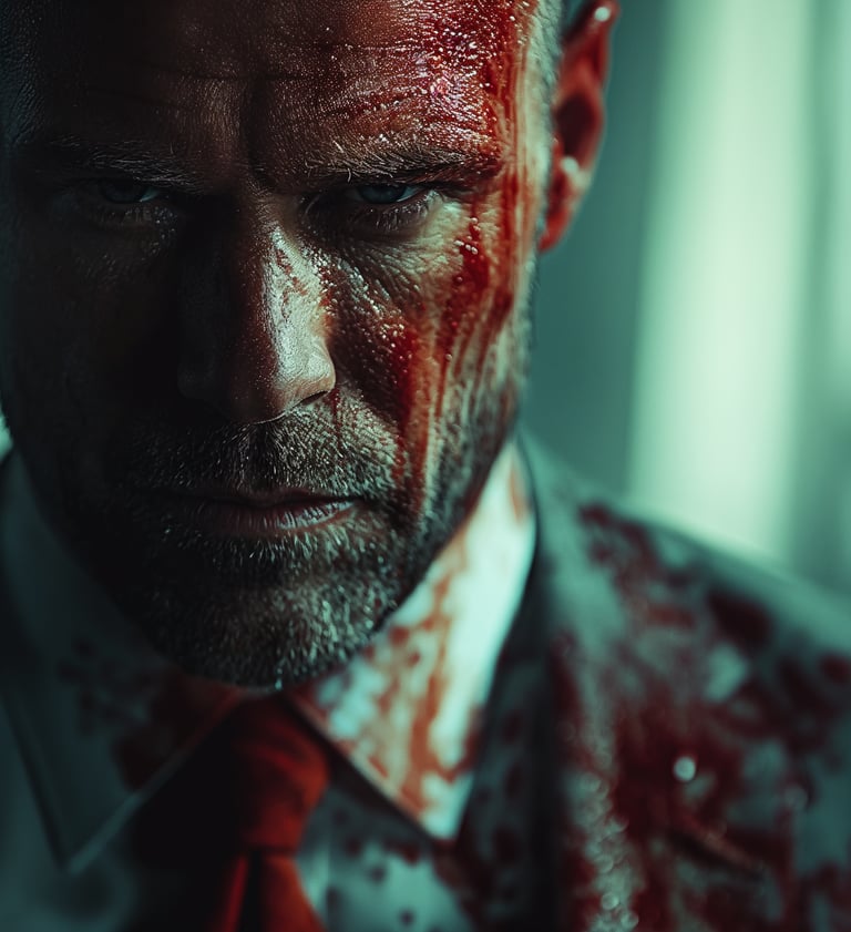 a man with a bloody face and blood splattered on his face