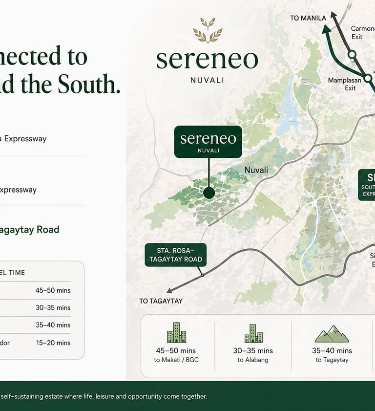Sereneo location map inside Nuvali Laguna near CALAX SLEX and Sta Rosa Tagaytay Road