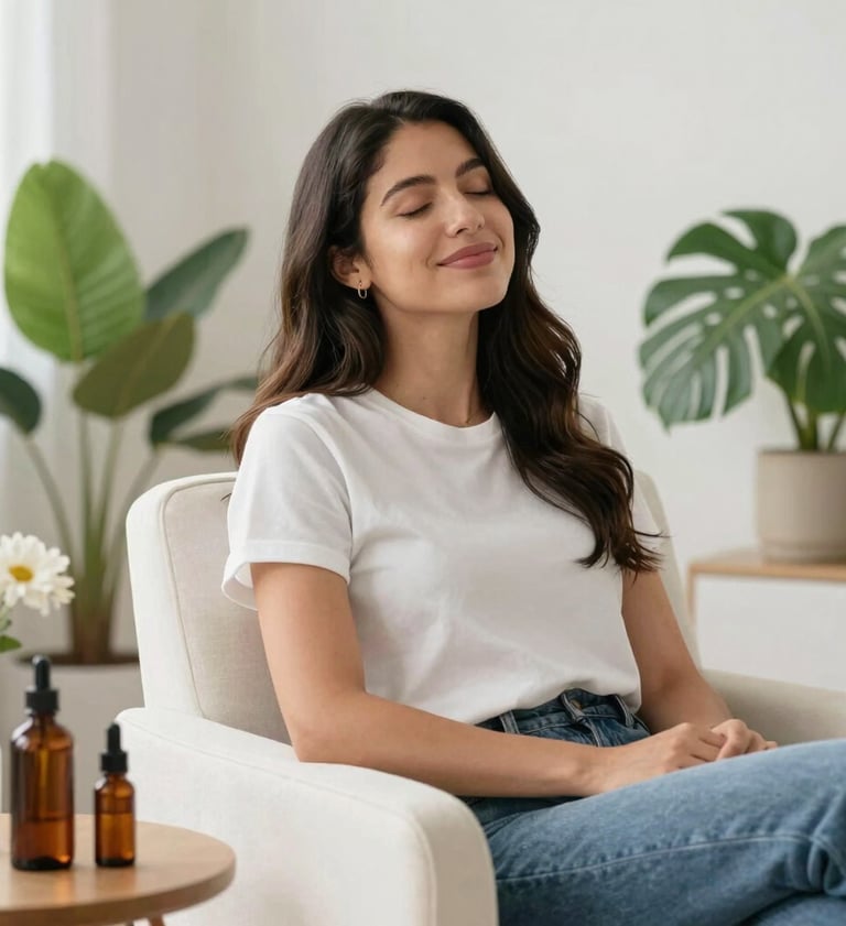 Una mujer relajada sentada disfrutando de la aromaterapia y los aceites esenciales