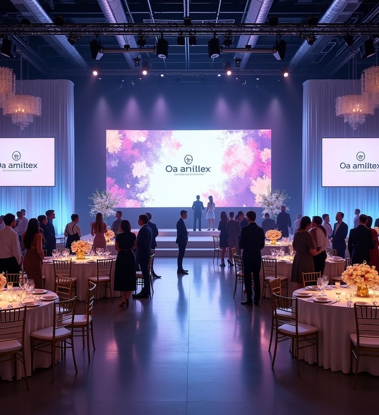 Luxury corporate event setup in Miami featuring branded LED stage, elegant tables with gold Chiavari chairs, minimalist flora