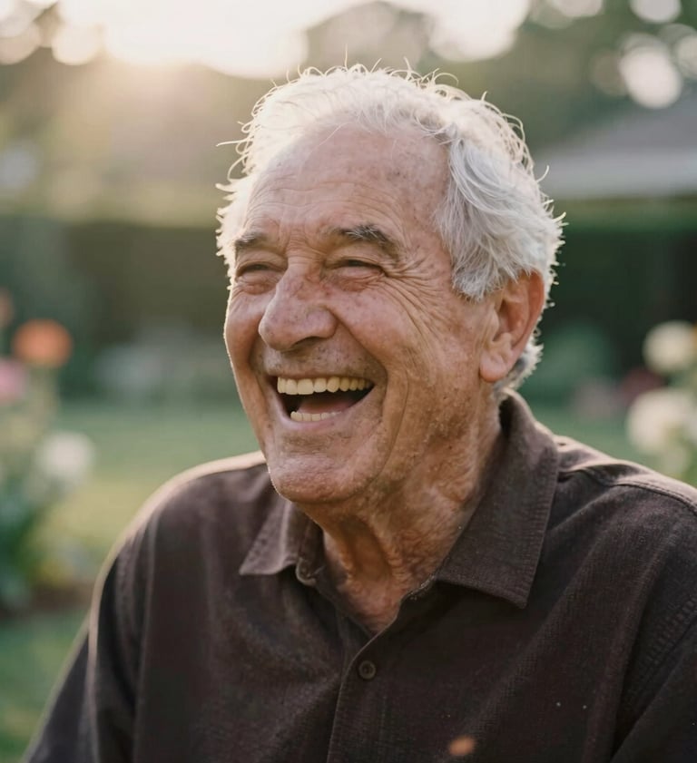 A candid close-up photography of a senior laughing, capturing a moment of genuine joy. The background is a soft-focus North American garden. The lighting is warm and hazy. Palette includes dark chocolate and cream.