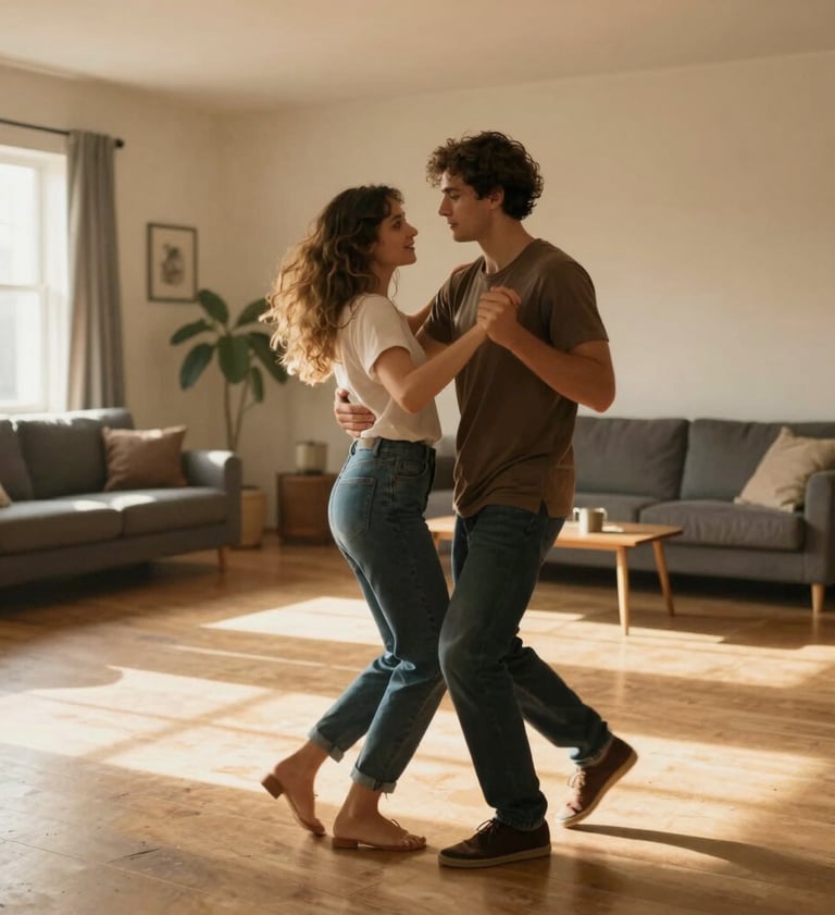 A wide-angle, cinematic shot of a young couple dancing in a sun-filled North American / US living room. Authentic emotion, slightly blurred motion for a candid feel. Background features Soft Sand walls and Charcoal furniture accents with golden sunlight streaming in.