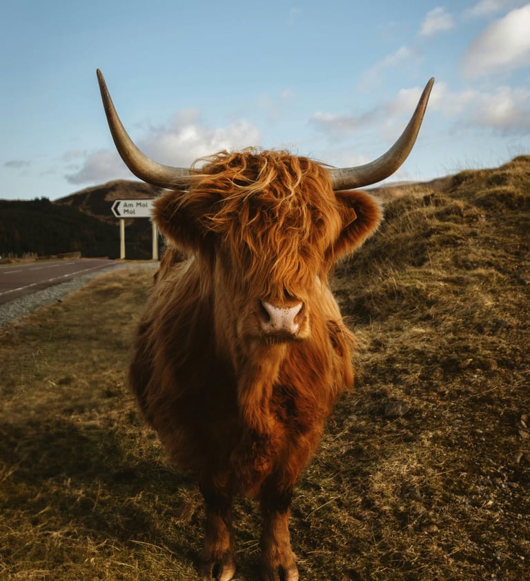 Scotland, United Kingdom, Hochlandkuh in der schottischen Landschaft