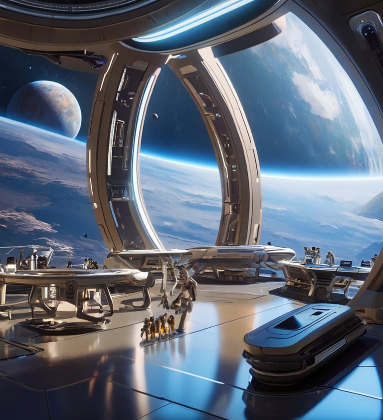 Une structure innovante flottant dans une station orbitale design.