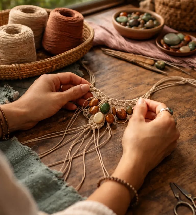 Collar de macramé hecho a mano con piedras preciosas pulidas en tonos tierra