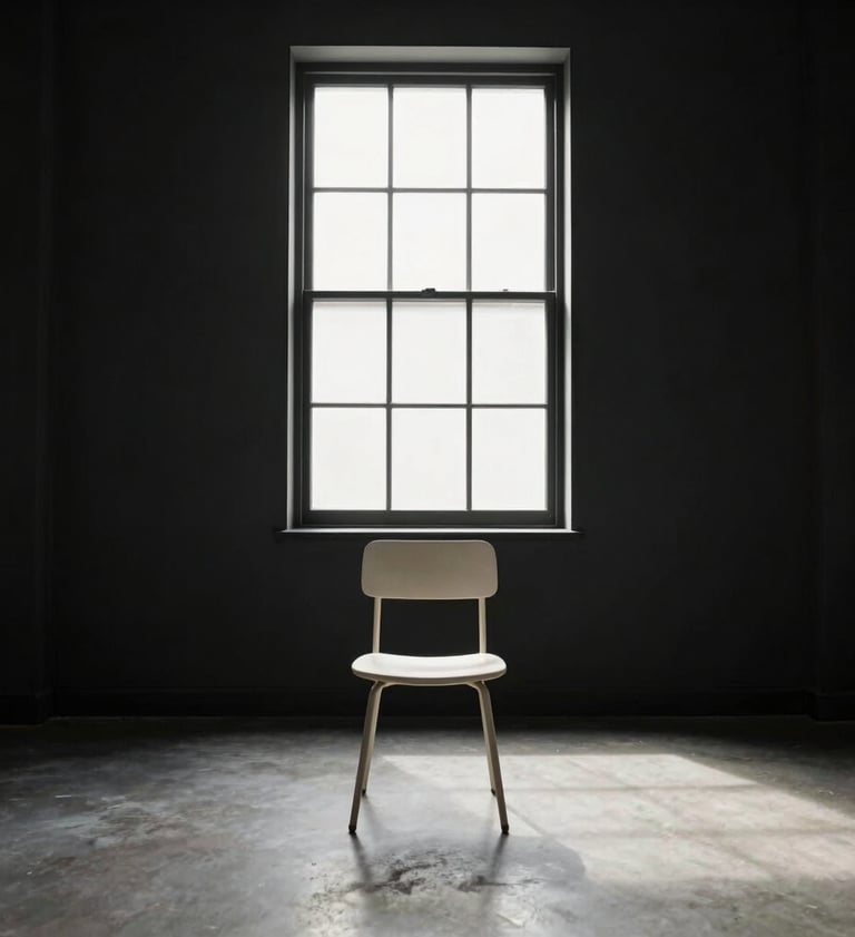 A wide cinematic shot of a lone chair in an empty room, cast in Soft Alabaster White light from a window against Deep Obsidian Black walls.
