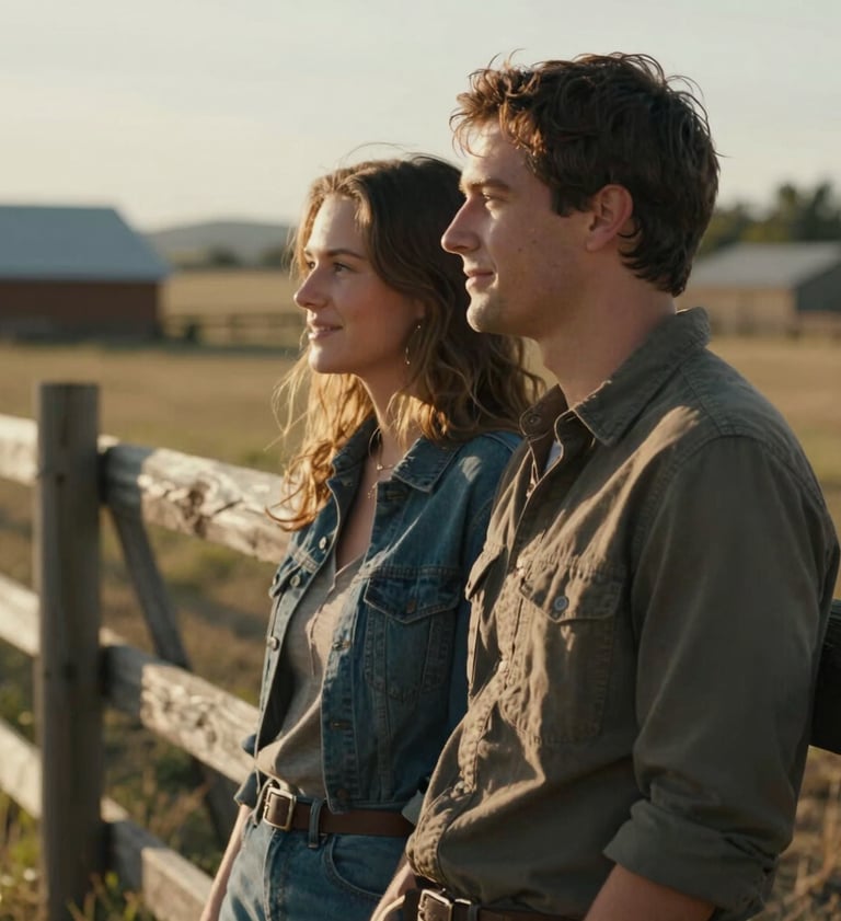 A cinematic, profile-view photograph of a couple sharing a quiet, authentic moment against a rustic wooden fence in a North American / US rural setting. Sun-drenched lighting creates a warm glow on their faces, exuding a friendly and intimate mood.