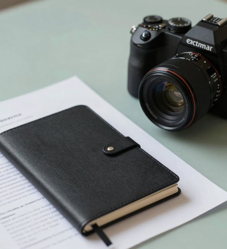 An organized researcher's workspace. A charcoal black notebook lies next to a professional camera and a printed draft of a paper. Soft lighting with a muted teal and soft sage background.