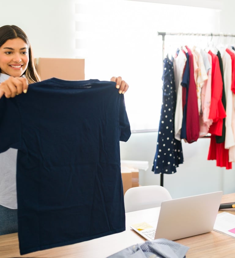 Mujer sonriente sostiene una camiseta azul marino para un pedido en una tienda de ropa en línea.