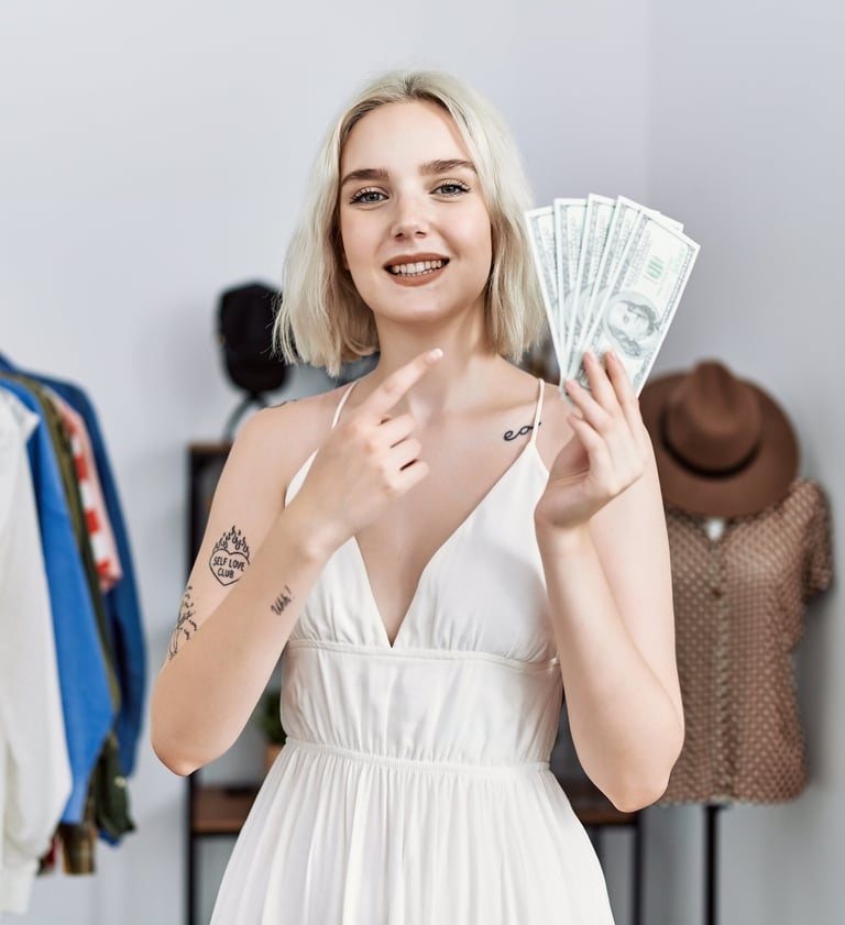 Mujer sonriente sosteniendo dinero en efectivo y señalando billetes de dólar en una tienda de ropa.