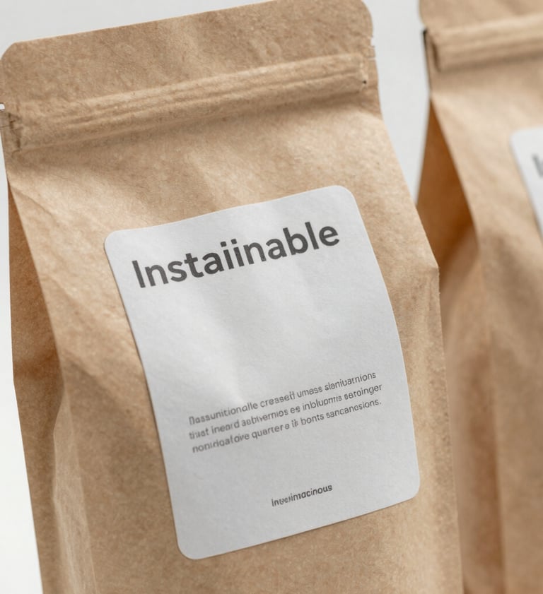 A close-up photograph of high-end sustainable packaging, showcasing matte finishes and minimalist typography. Soft natural lighting in a clean International / Western studio.