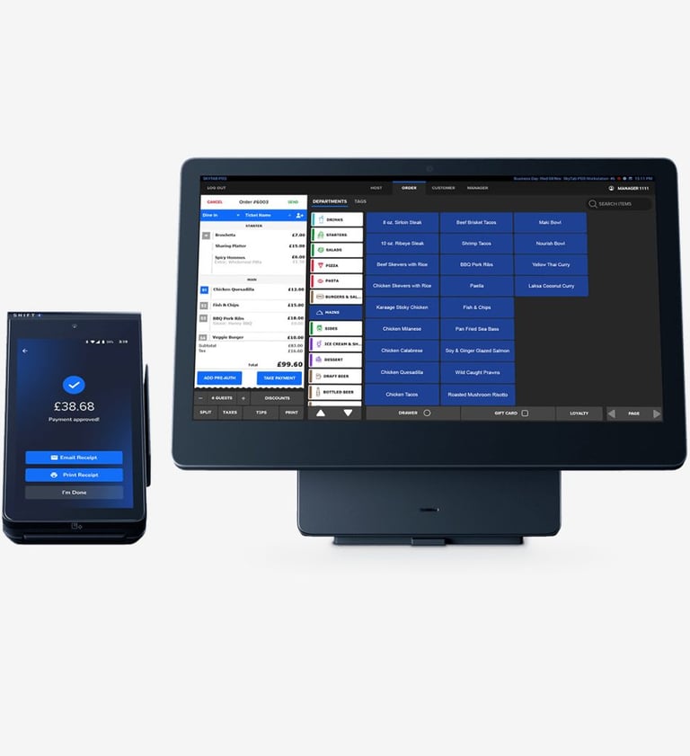 A modern restaurant POS system terminal and portable payment card reader displaying a food menu and digital receipt.