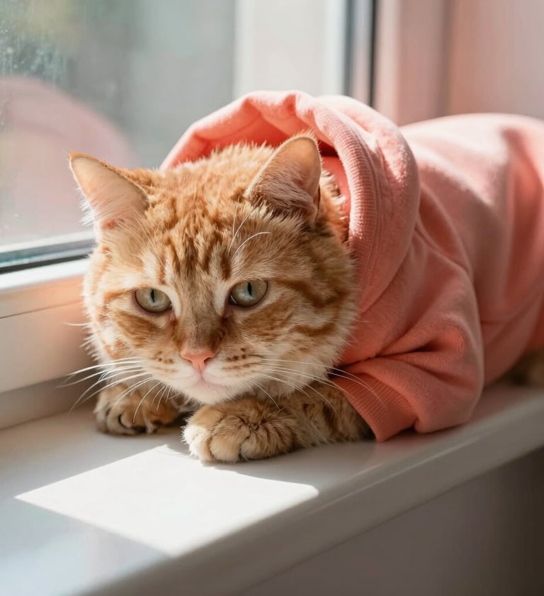 Adorable gato pelirrojo con una acogedora sudadera con capucha rosa mientras se acurre en el alféiza