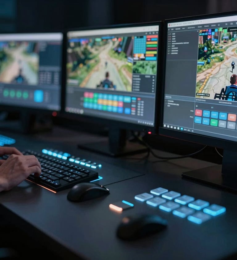 A detailed close-up of a professional broadcast control panel and monitors showing high-resolution esports game feeds, with glowing buttons in #8EA7BF and a sleek, dark aesthetic matching #1F2E3A.