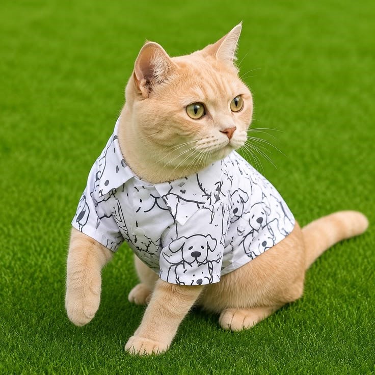 Un gato atigrado naranja con una elegante camisa blanca estampada sentado sobre la hierva